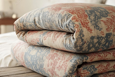 Folded bulky bed comforter bedspread with red and blue flowers