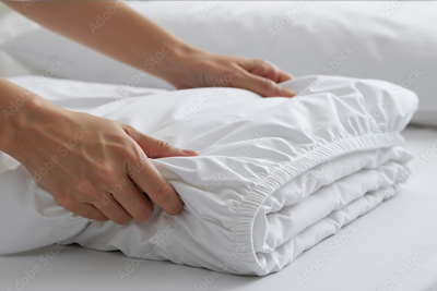 Picture of hands folding a fitted bed sheet