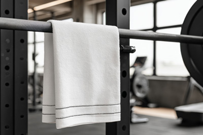 Towel hanging on a the weight bar in fitness center gym