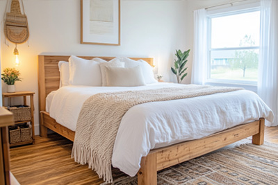 serene bedroom in bed and breakfast with white linens and tan blanket