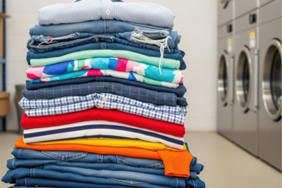 Colorful folded laundry in a laundromat